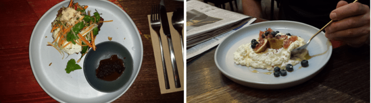 Pork belly with fried egg, green papaya salad and pork floss + the best rice pudding ever